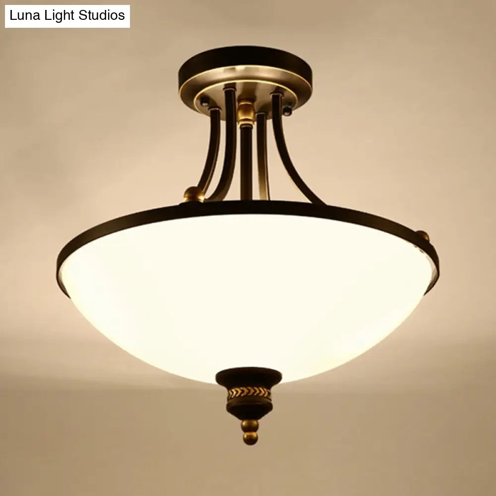 Classic Bowl Shade Semi Flush Light Fixture - 3 Bulbs Cream Glass Black Finish