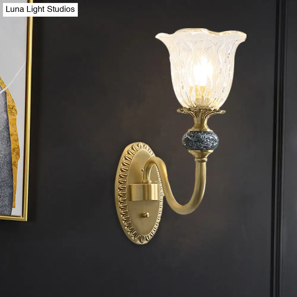 Classic Brass Floral Wall Sconce With Clear Ribbed Glass And Swooping Arm - 1/2-Head Mount Lamp