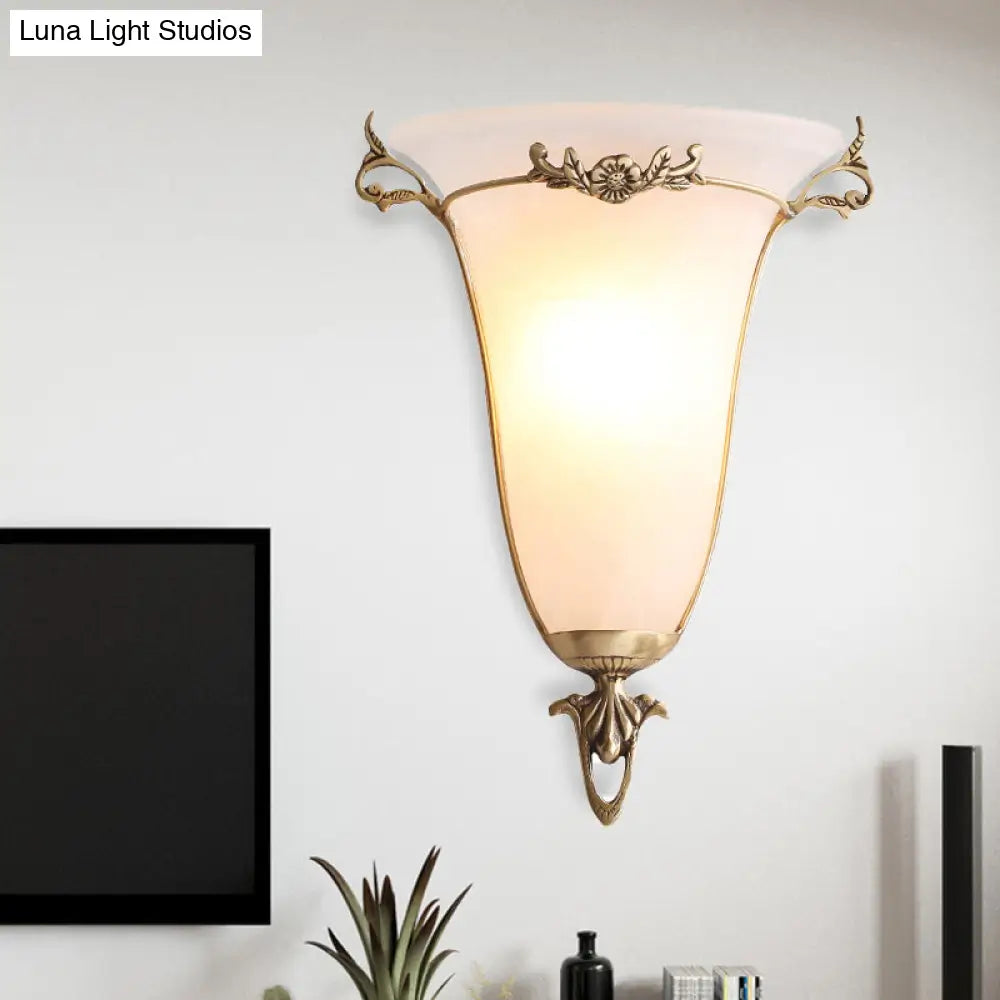 Classic Brass Wall Mounted Lamp With Frosted Glass Shade - Traditional Trumpet Design