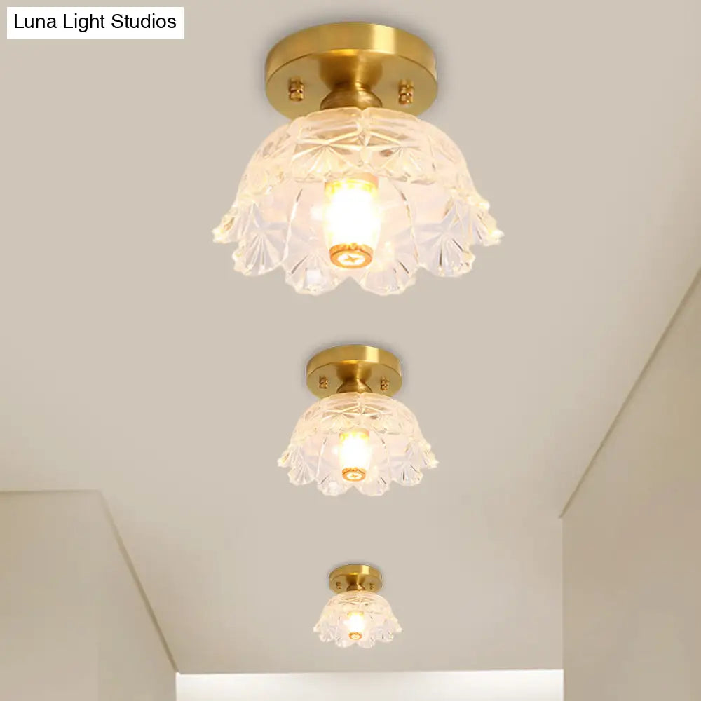 Classic Cone/Lotus Leaf/Floral Clear Glass Ceiling Light In Brass 7.5 - 9’ Wide