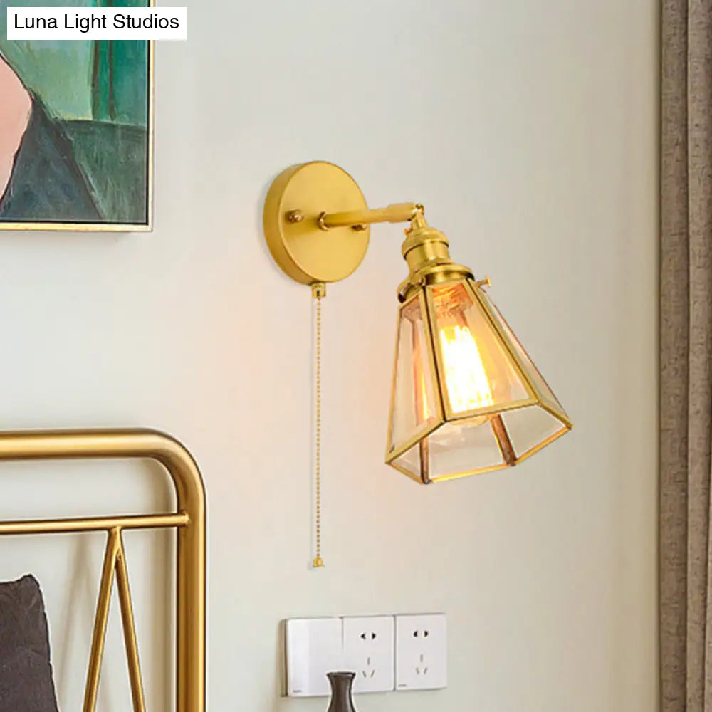 Classic Gold Colonial Tapered Wall Light: Clear Glass Sconce Lamp With/Without Pull Chain