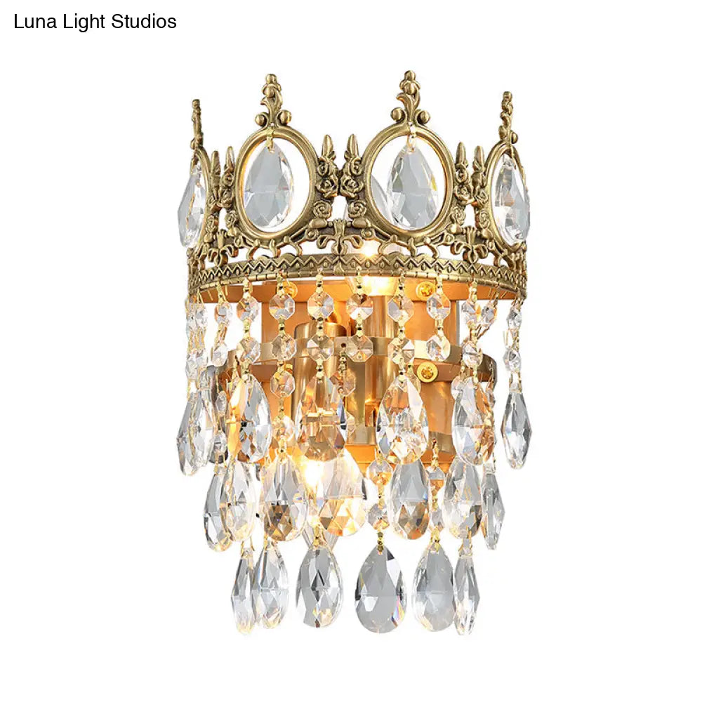 Classic Round Wall Mounted Lighting With Clear Crystal Prisms 2 Bulbs Aged Brass Finish