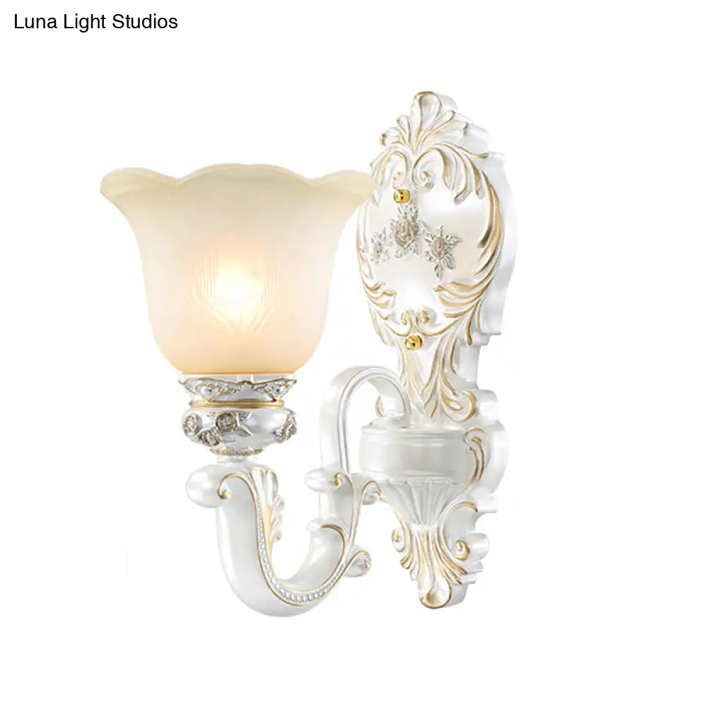 Classic Scalloped-Trim Wall Light With Frosted Glass - White-Gold Finish