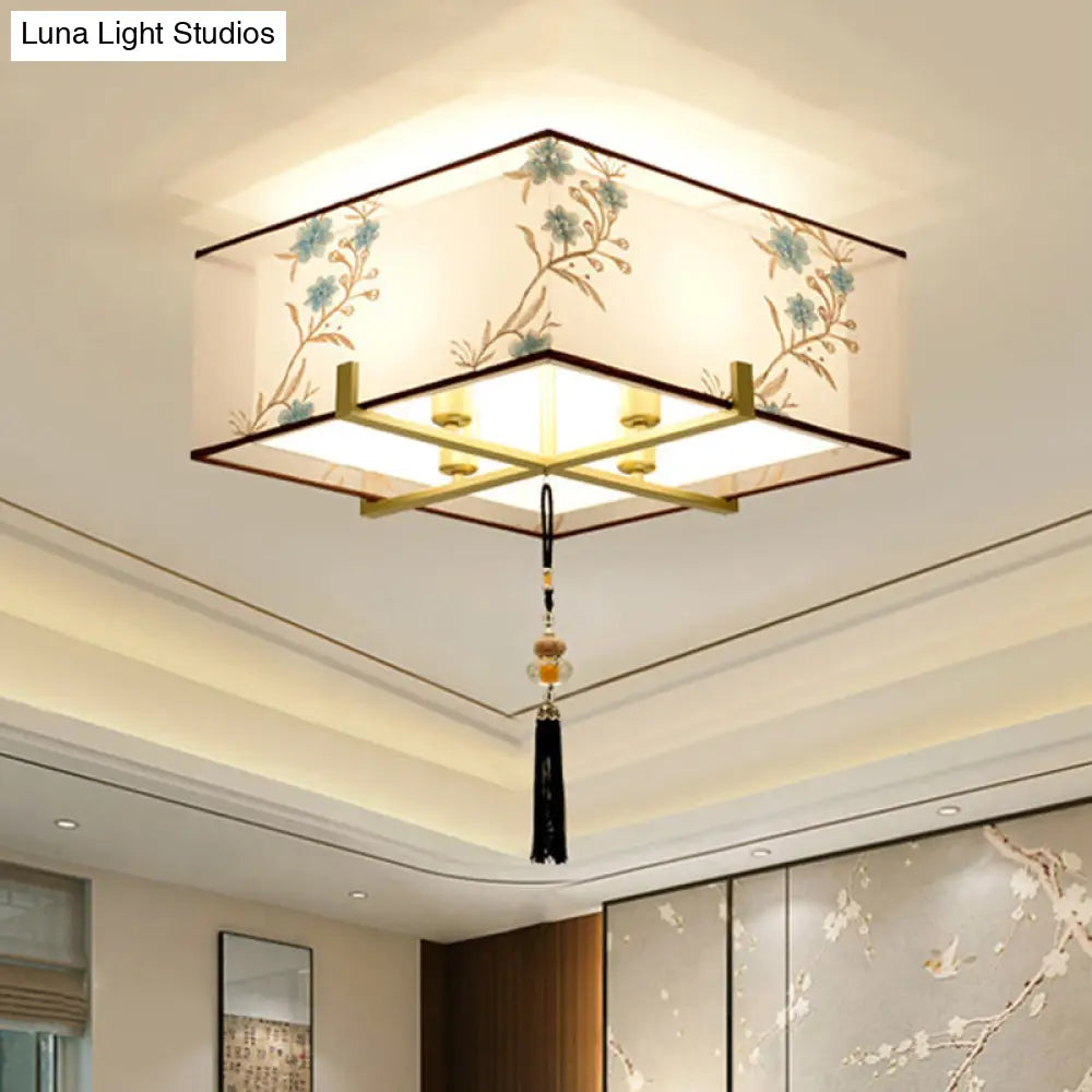 Classic Square Fabric Flush Light: 4 - Light Ceiling Mount For Bedroom (White)