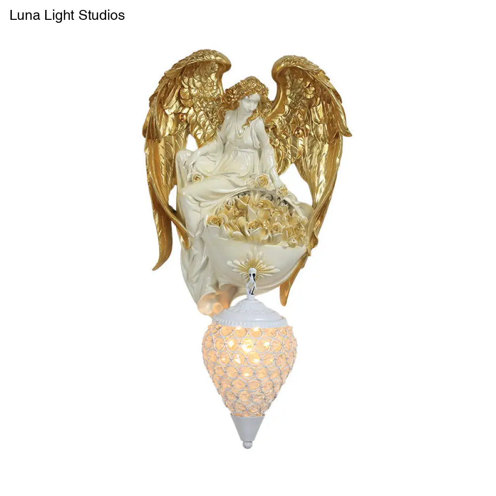 Classic Style Water Drop Crystal Wall Sconce With Angel And Blossom Design - Gold/Dark Gold Finish