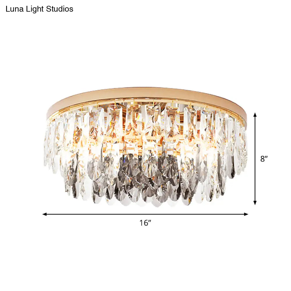 Clear Crystal Drum Flush Light - Contemporary Hotel Ceiling Fixture (3/4 - Light 11’/16’ Width)