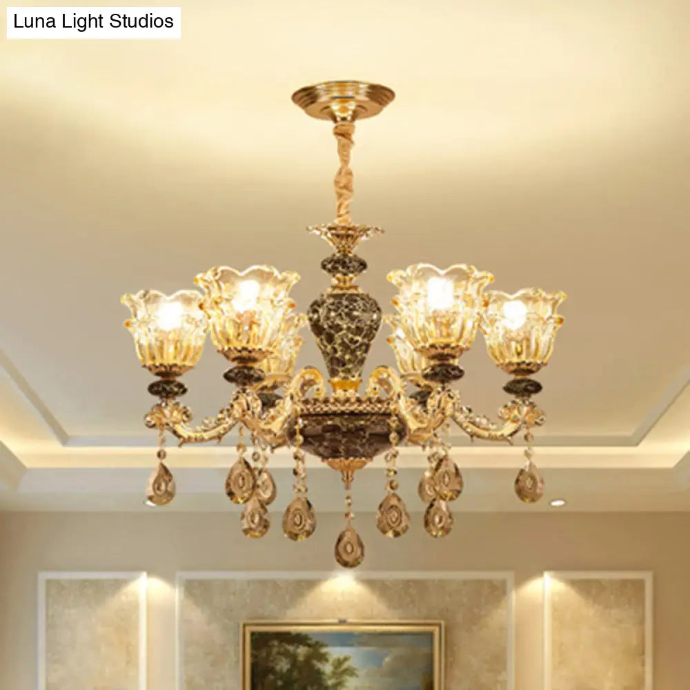 Clear Glass Flower Up Chandelier In Coffee - Traditional Bedroom Hanging Light Fixture