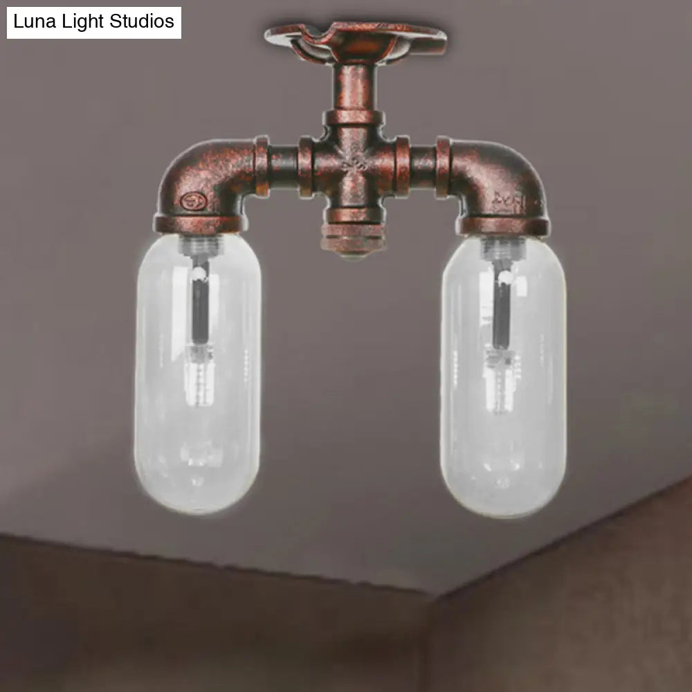 Clear Glass Weathered Copper Ceiling Lighting - Industrial Semi Flush With Pipe Design 2 Lights