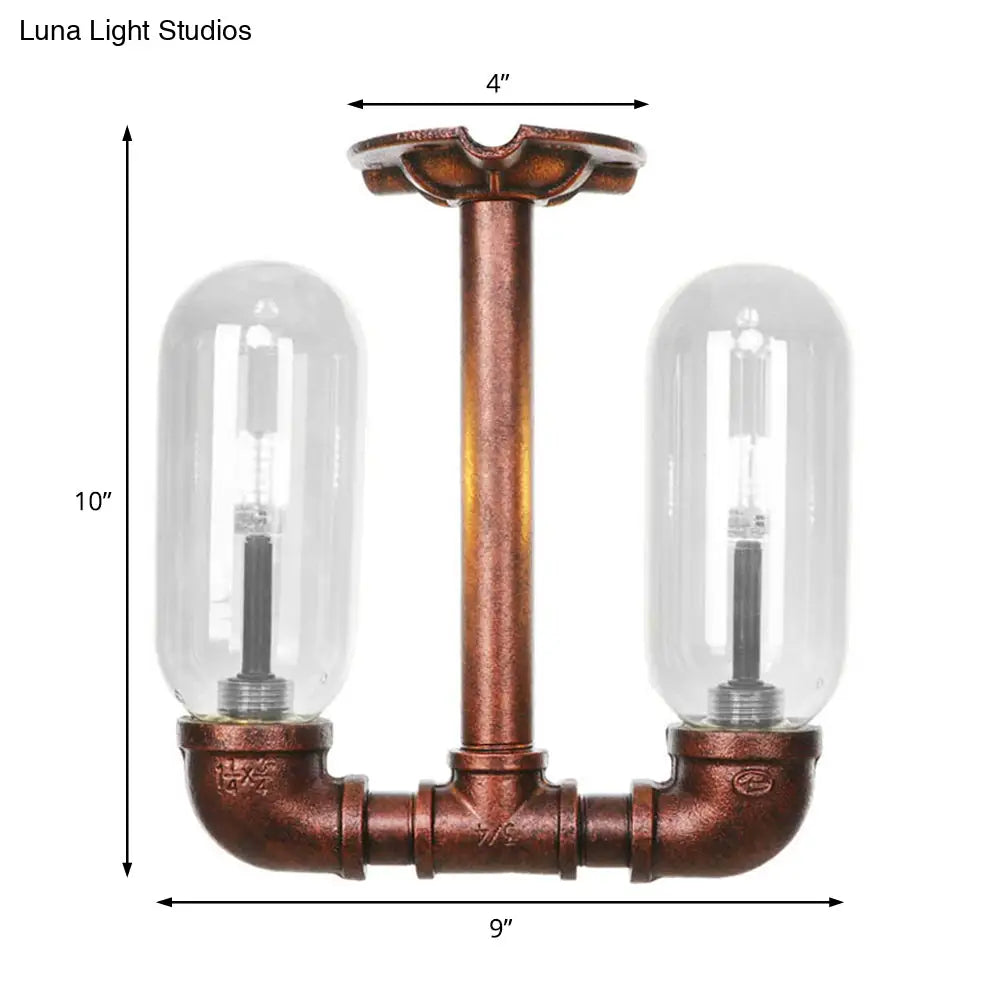 Clear Glass Weathered Copper Ceiling Lighting - Industrial Semi Flush With Pipe Design 2 Lights