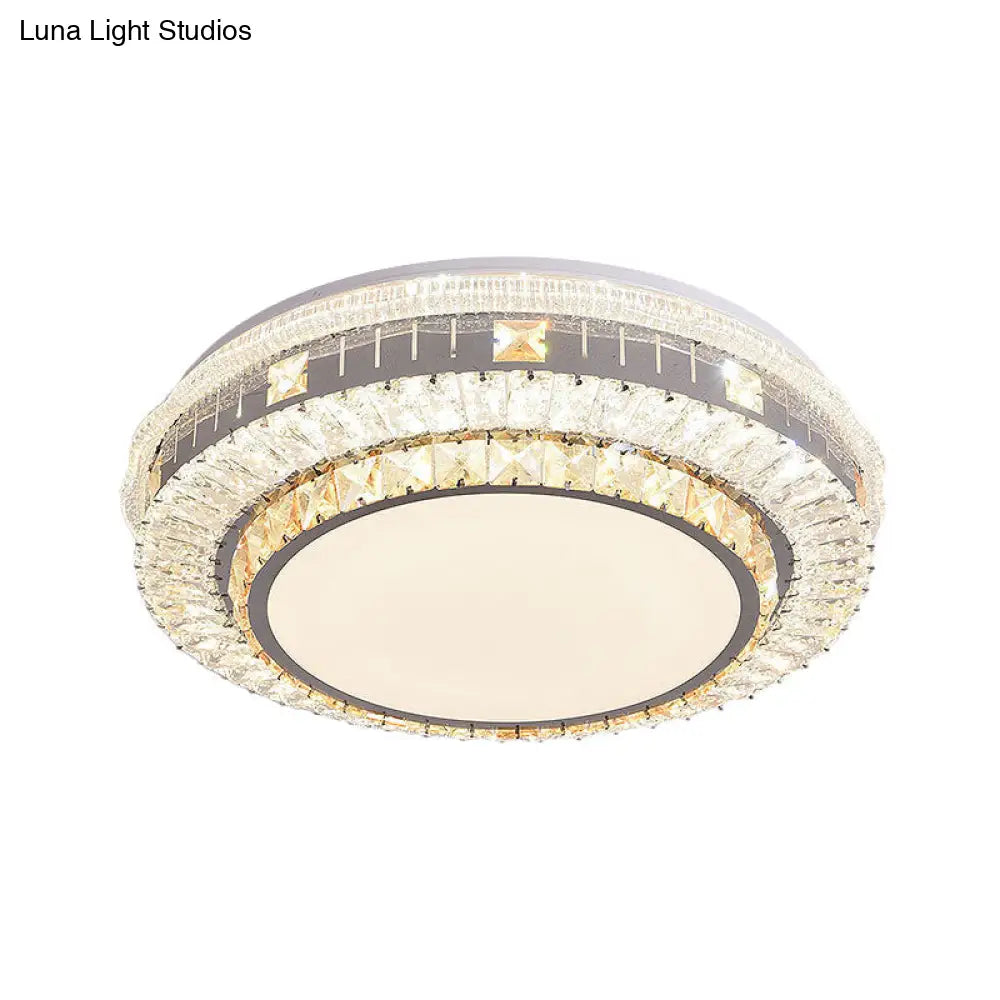Clear Led Crystal Block Light Fixture - Modern Round Stainless-Steel Flush Mount For Great Room