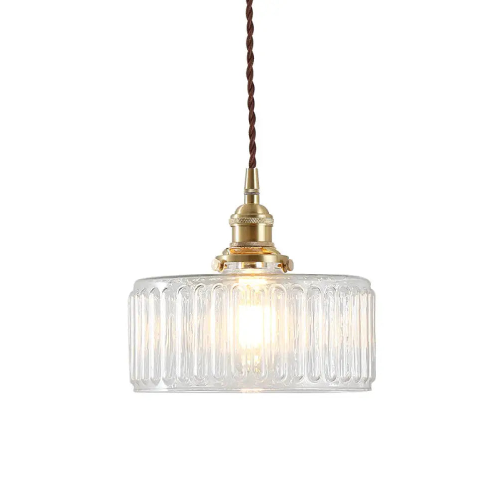 Clear Ribbed Glass Drum Pendant Lighting - Vintage 1-Light Lamp For Living Room Brass