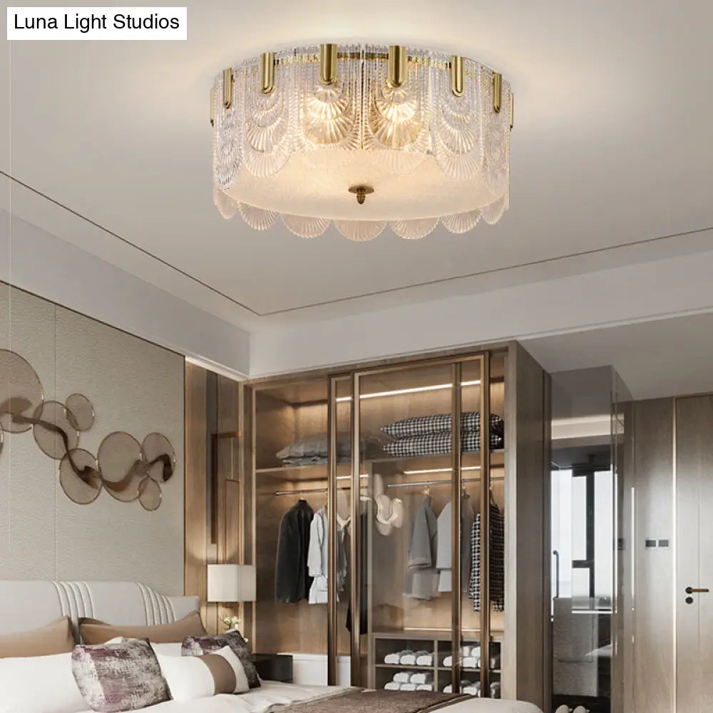 Clear Textured Glass Drum Ceiling Light With Scalloped Edge - Contemporary Flush Mount Fixture