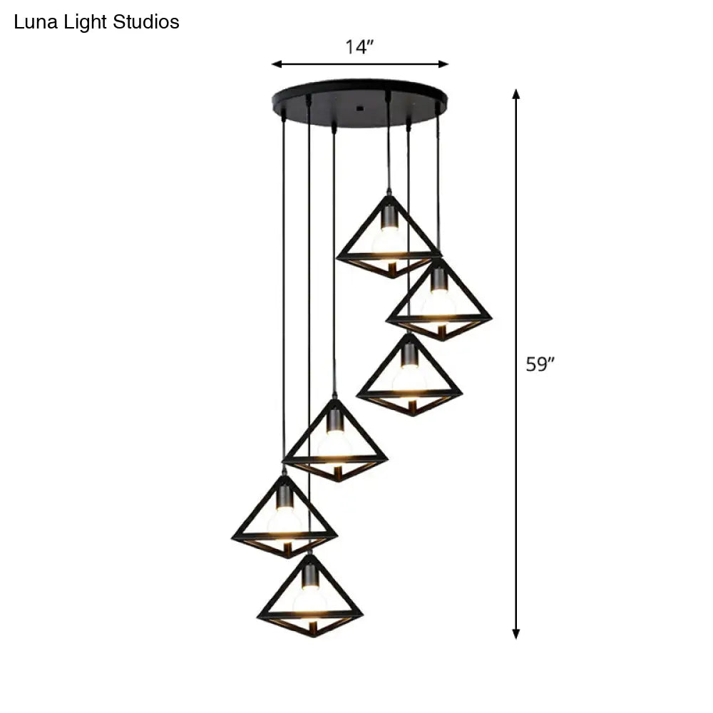 Cluster Pendant Cage Lamp: Loft Style Stairs Ceiling Light With 6 Metal Shades In Black