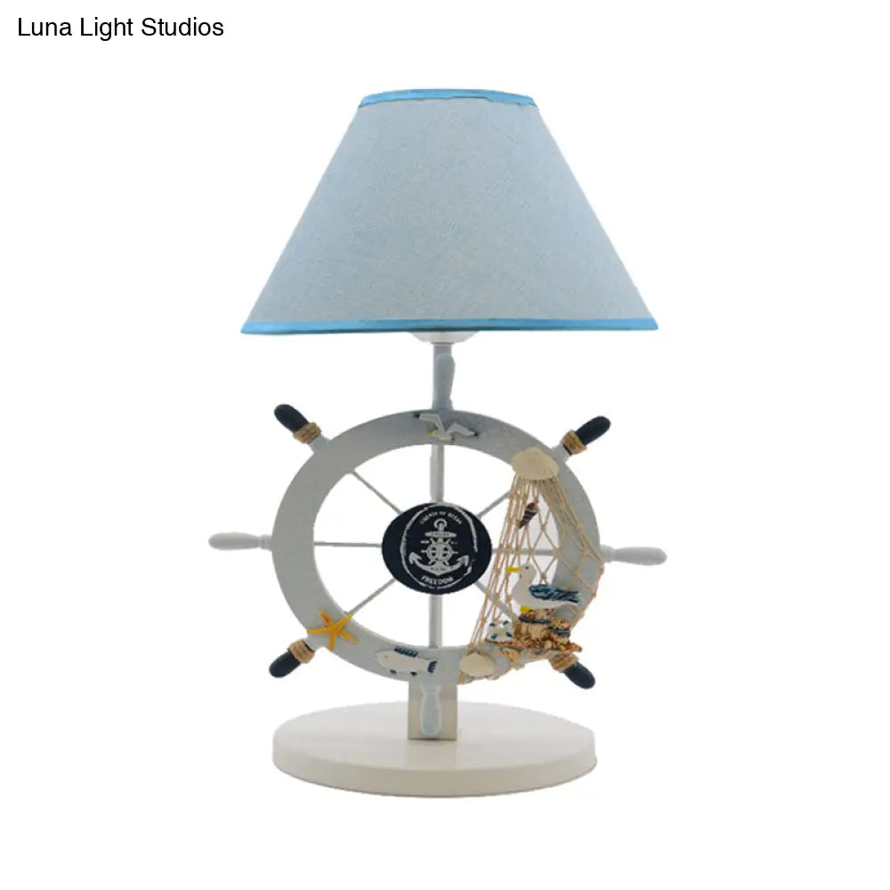 Coastal White Nightstand Lamp With Fabric Cone Shade And Rudder Decor - 1 Light