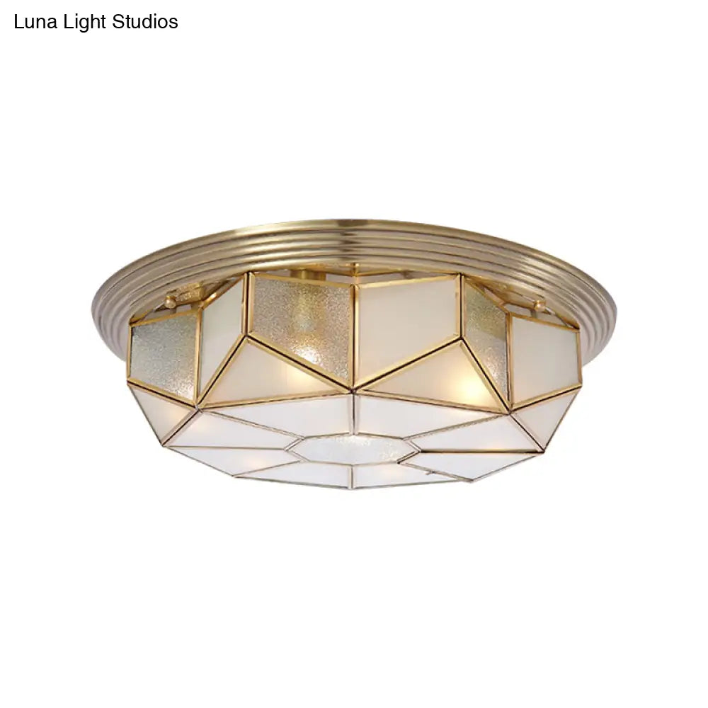 Colonial Brass Flush Mount Lamp With Sandblasted Glass For Living Room - 6 Heads Octagonal Ceiling