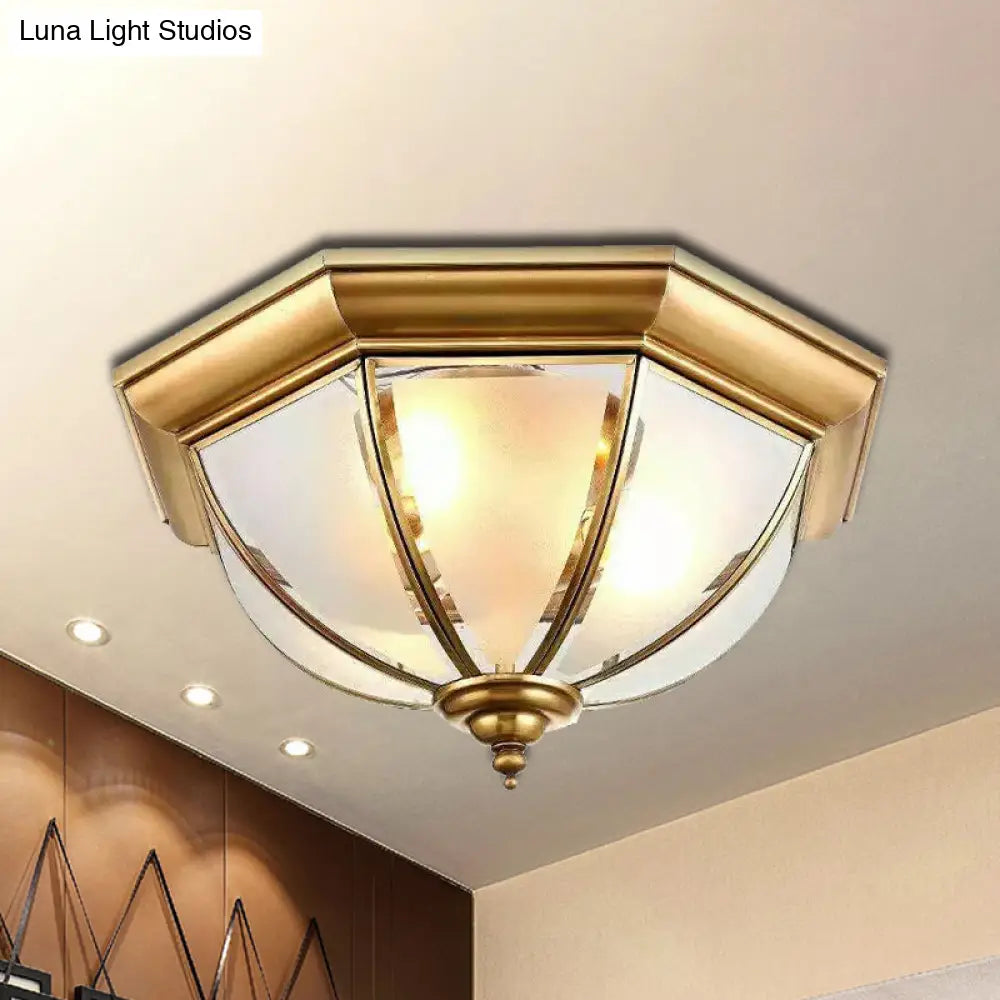 Colonial Brass Flushmount Ceiling Light With Frosted Glass Bowl Shade & 3 Lights