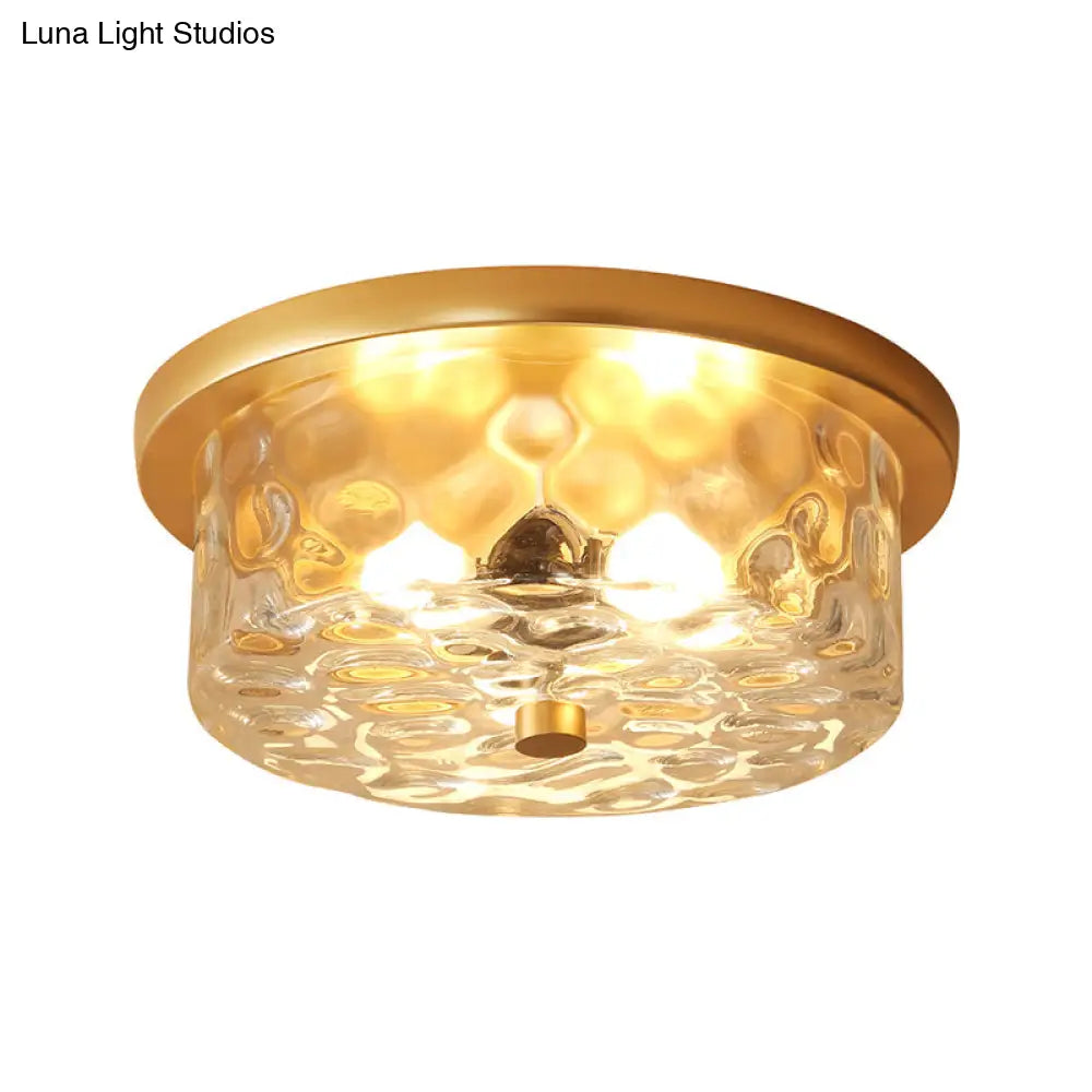 Colonial Drum Ceiling Light Fixture Clear Dimple Glass Brass Flush Mount For Living Room - 3 Bulbs