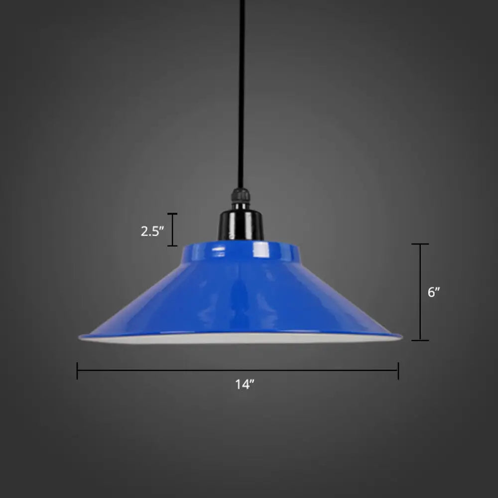 Conical Metal Hanging Light With Rolled Edge - 1-Light Ceiling Suspension Lamp For Loft Décor Blue