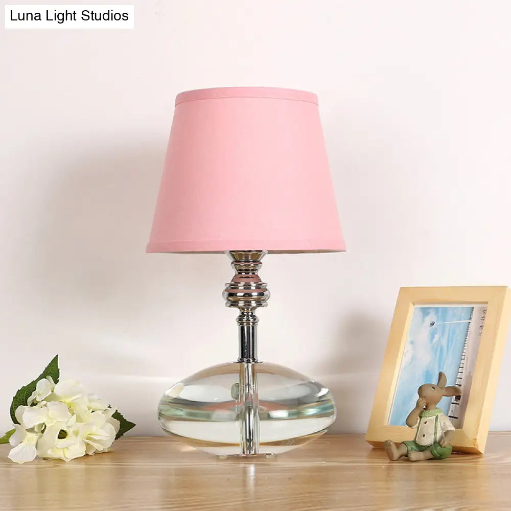 Conical Pink Fabric Night Lamp With Crystal Base - Lodge Nightstand Light