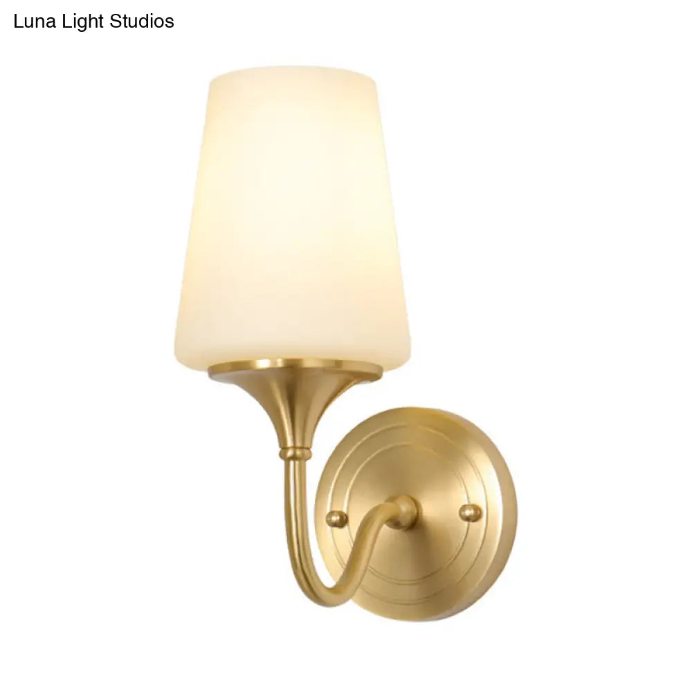 Contemporary 1/2-Bulb White Glass Wall Sconce Lighting With Brass Cone Shade For Bedroom
