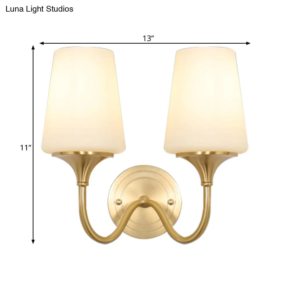 Contemporary 1/2-Bulb White Glass Wall Sconce Lighting With Brass Cone Shade For Bedroom
