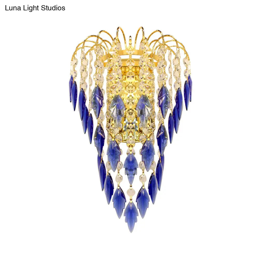 Contemporary 2-Light Brass Finish Wall Lamp With Tan/Blue Crystal Shade