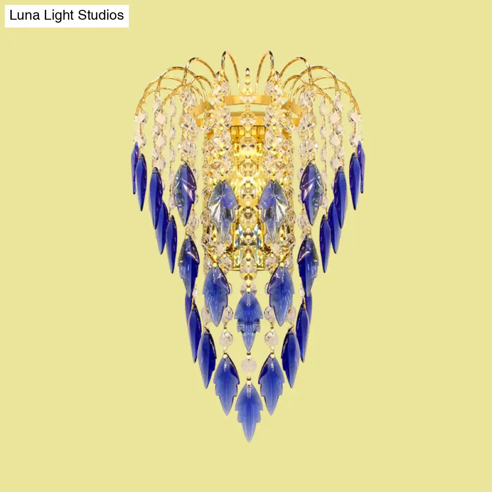 Contemporary 2-Light Brass Finish Wall Lamp With Tan/Blue Crystal Shade