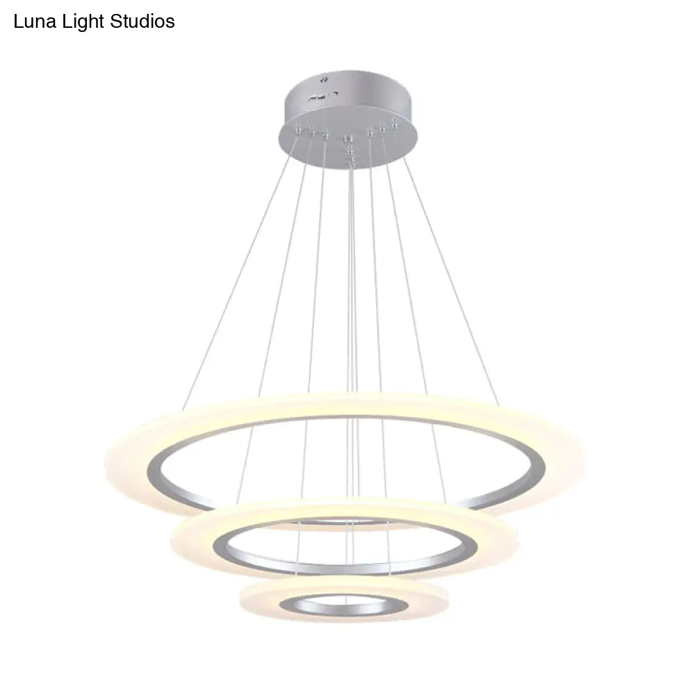Contemporary 3-Layer Round Led Chandelier - Silver Acrylic Ceiling Pendant For Living Room
