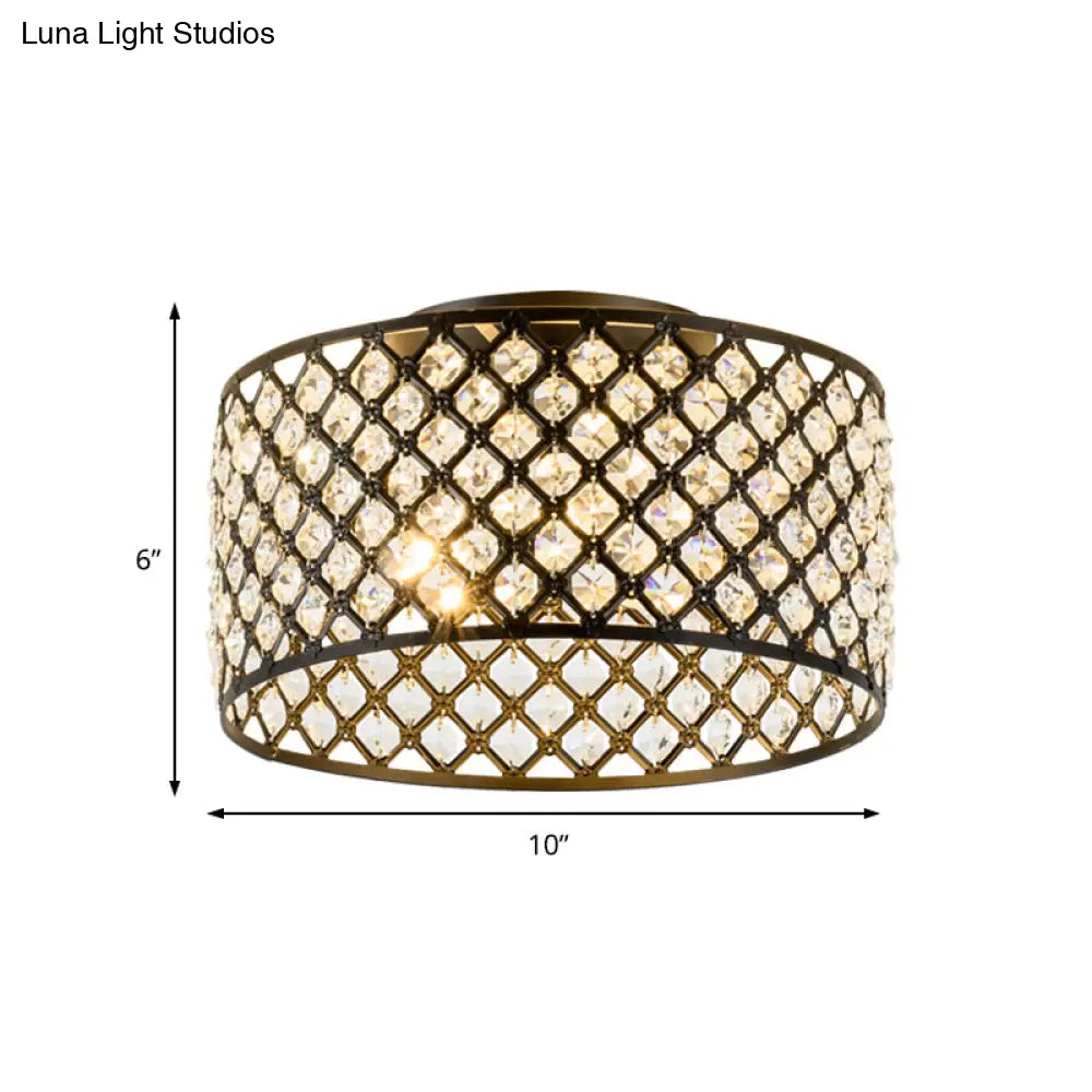 Contemporary 3-Light Metal And Crystal Flush Mount Ceiling Light (Black Cylinder Design)