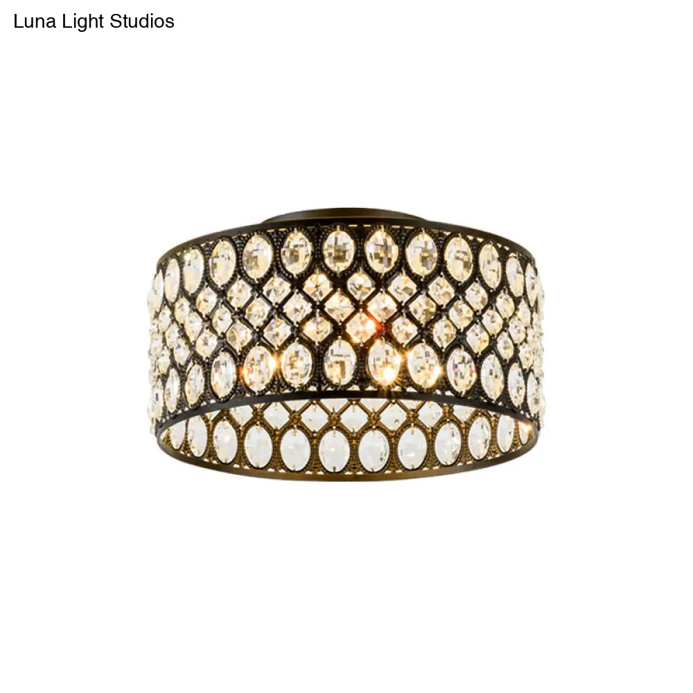 Contemporary 3-Light Metal And Crystal Flush Mount Ceiling Light (Black Cylinder Design)