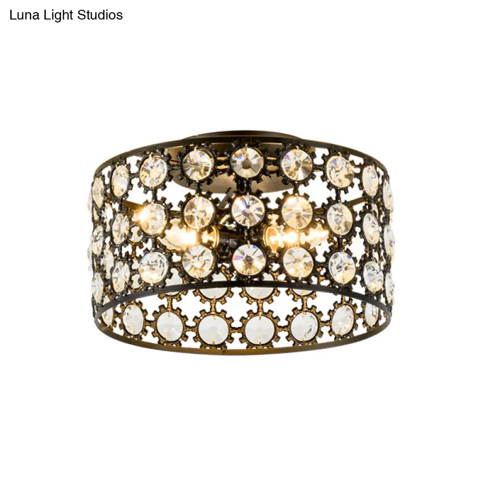Contemporary 3-Light Metal And Crystal Flush Mount Ceiling Light (Black Cylinder Design)