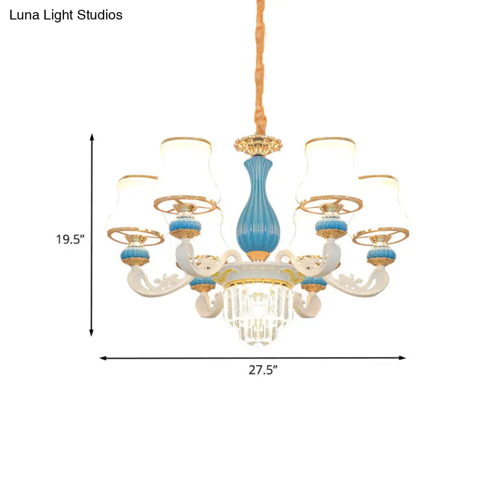 Contemporary 6-Head Blue And White Chandelier With Opal Glass Crystal Pendant