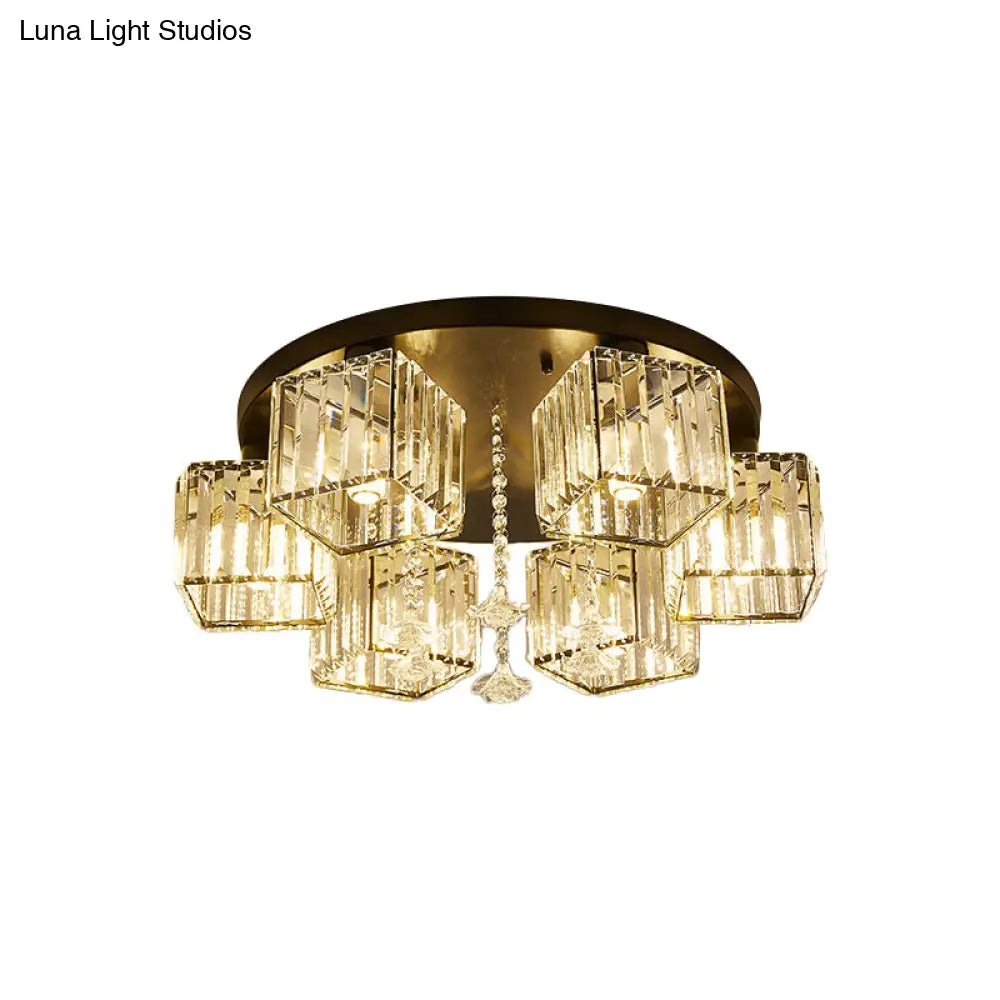 Contemporary Black Canopy Flush Mount Ceiling Light With Clear Crystal Cubic Shade And Flower