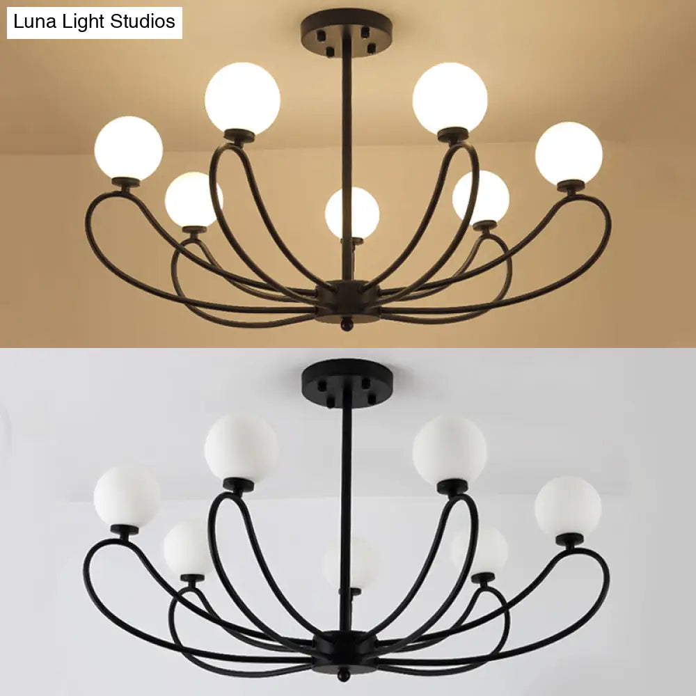 Contemporary Black Curved Arm Chandelier With Orbit Shade - 8 Light Metal Pendant