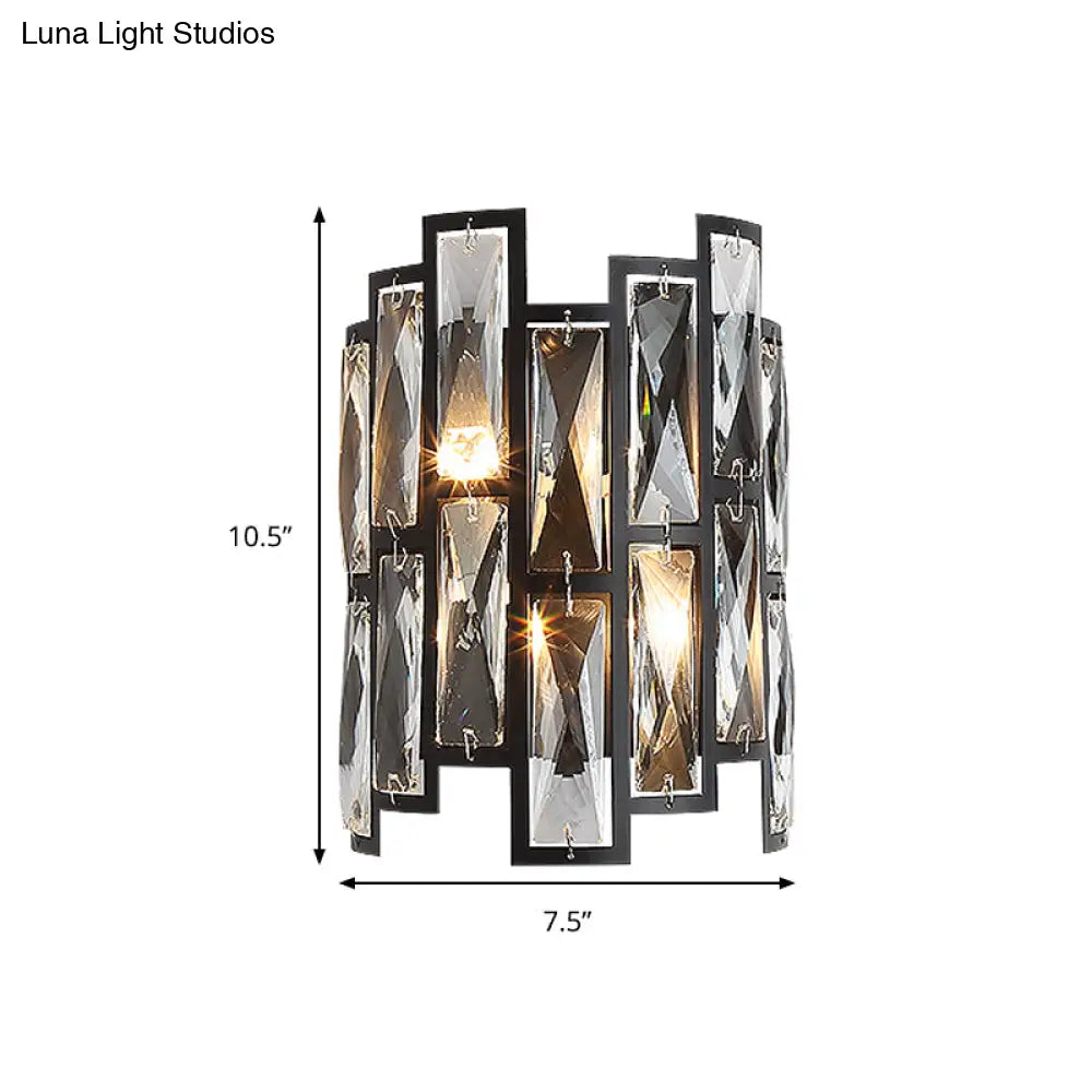Contemporary Black Half Cylinder Wall Lamp With Clear Crystal Blocks - 2 Lights Mount