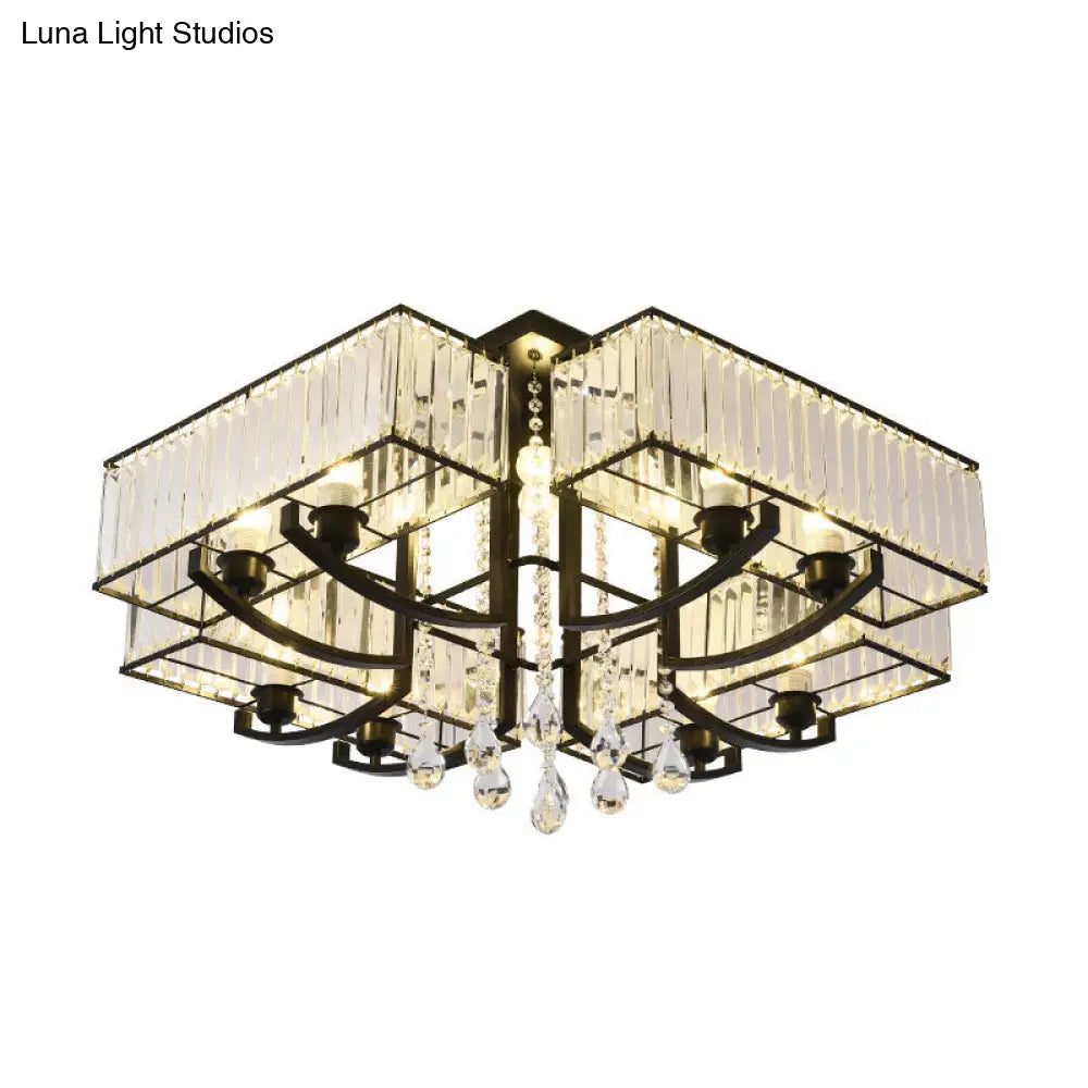 Contemporary Black Semi Flush Mount Lamp With Crystal Rods - 4/8 Light Options