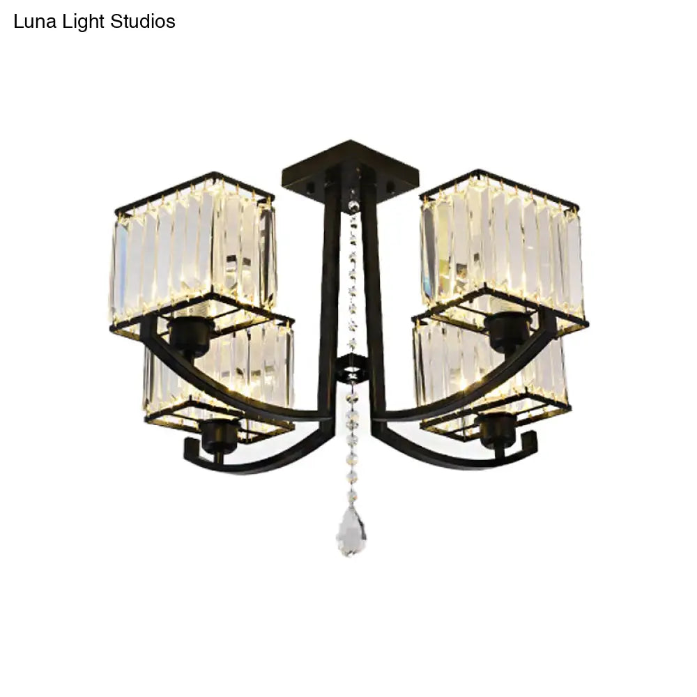 Contemporary Black Semi Flush Mount Lamp With Crystal Rods - 4/8 Light Options