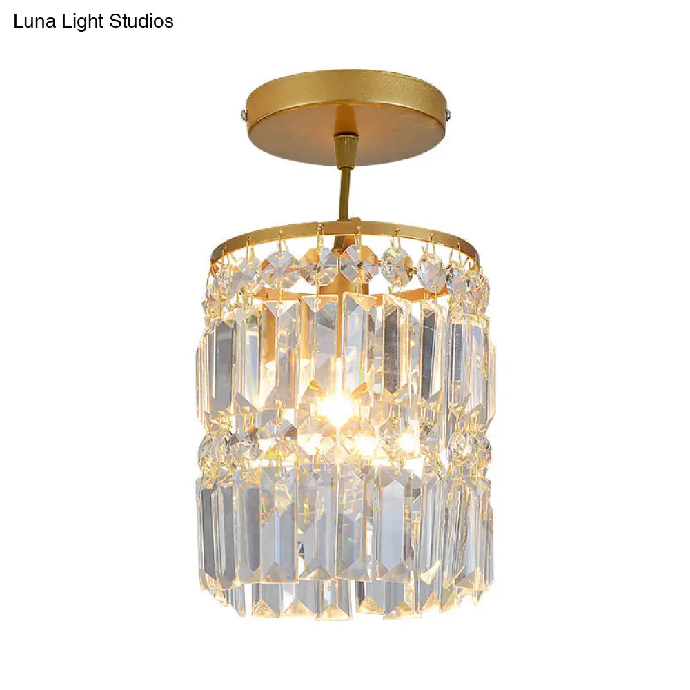 Contemporary Brass Ceiling Lamp With Crystal Cylinder Shade For Hallways