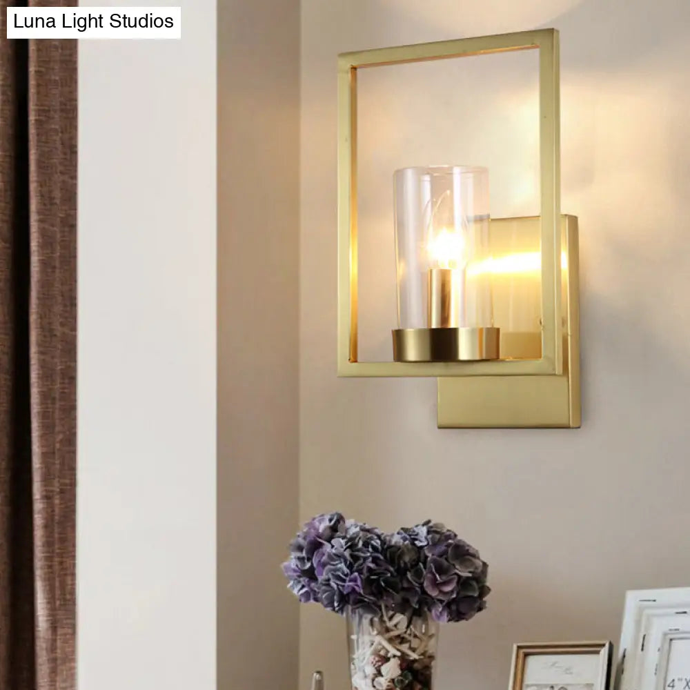 Contemporary Brass Wall Sconce With Clear Glass Shade - Cylindrical Bedroom Light Fixture