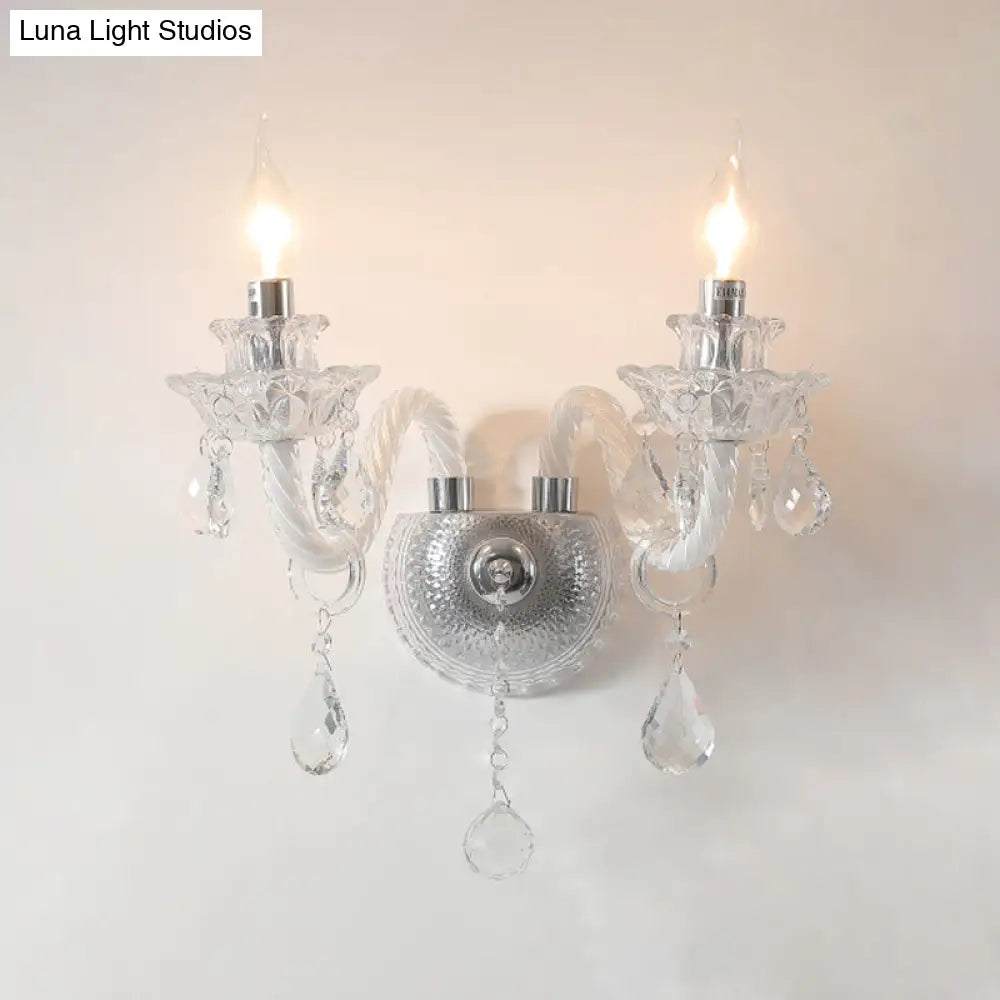 Contemporary Candelabra Wall Sconce With Clear Faceted Crystals And Droplets - 2 Bulbs