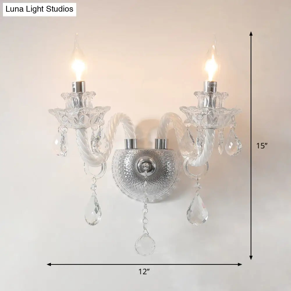 Contemporary Candelabra Wall Sconce With Clear Faceted Crystals And Droplets - 2 Bulbs