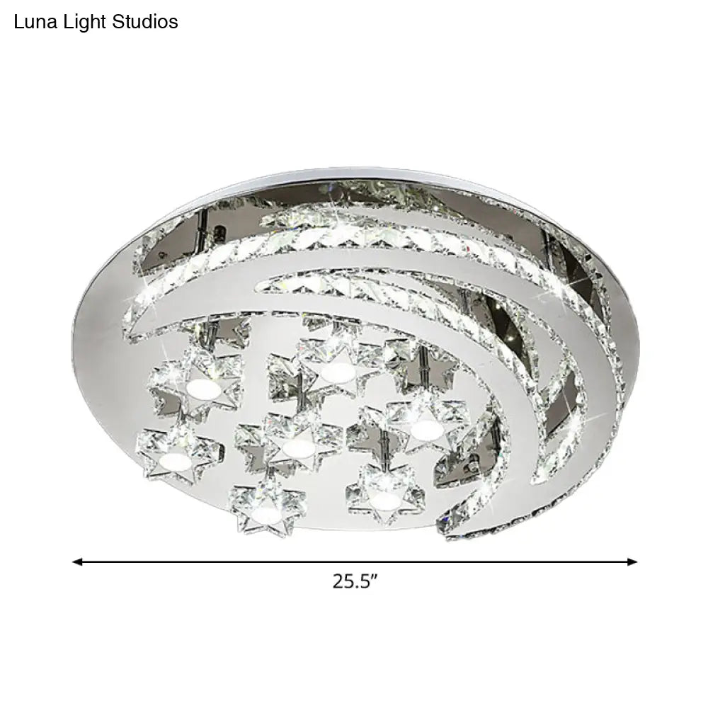 Contemporary Chrome Flush Light With Clear Crystal Moon And Star Design - Led Close To Ceiling Lamp