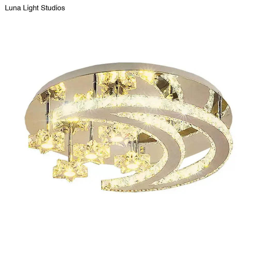 Contemporary Chrome Flush Light With Clear Crystal Moon And Star Design - Led Close To Ceiling Lamp