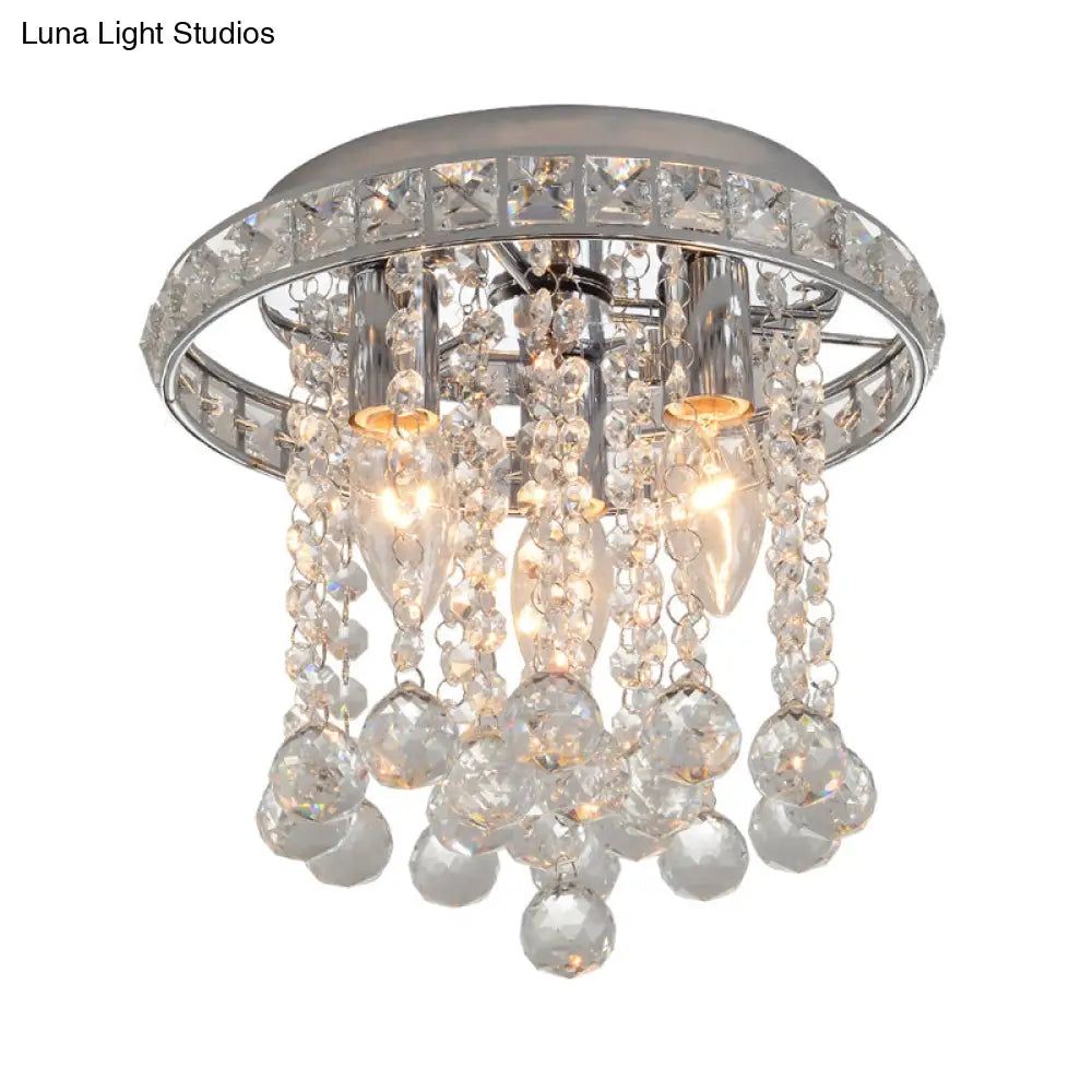 Contemporary Chrome Round Ceiling Light With Crystal Accents - 3 Bulb Living Room Mount