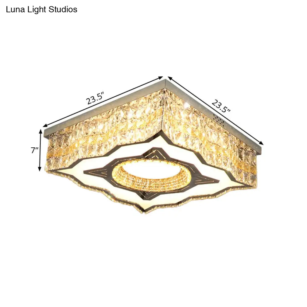 Contemporary Clear Crystal And Stainless-Steel Led Flush Mount Lamp With Curvy-Side Square Design