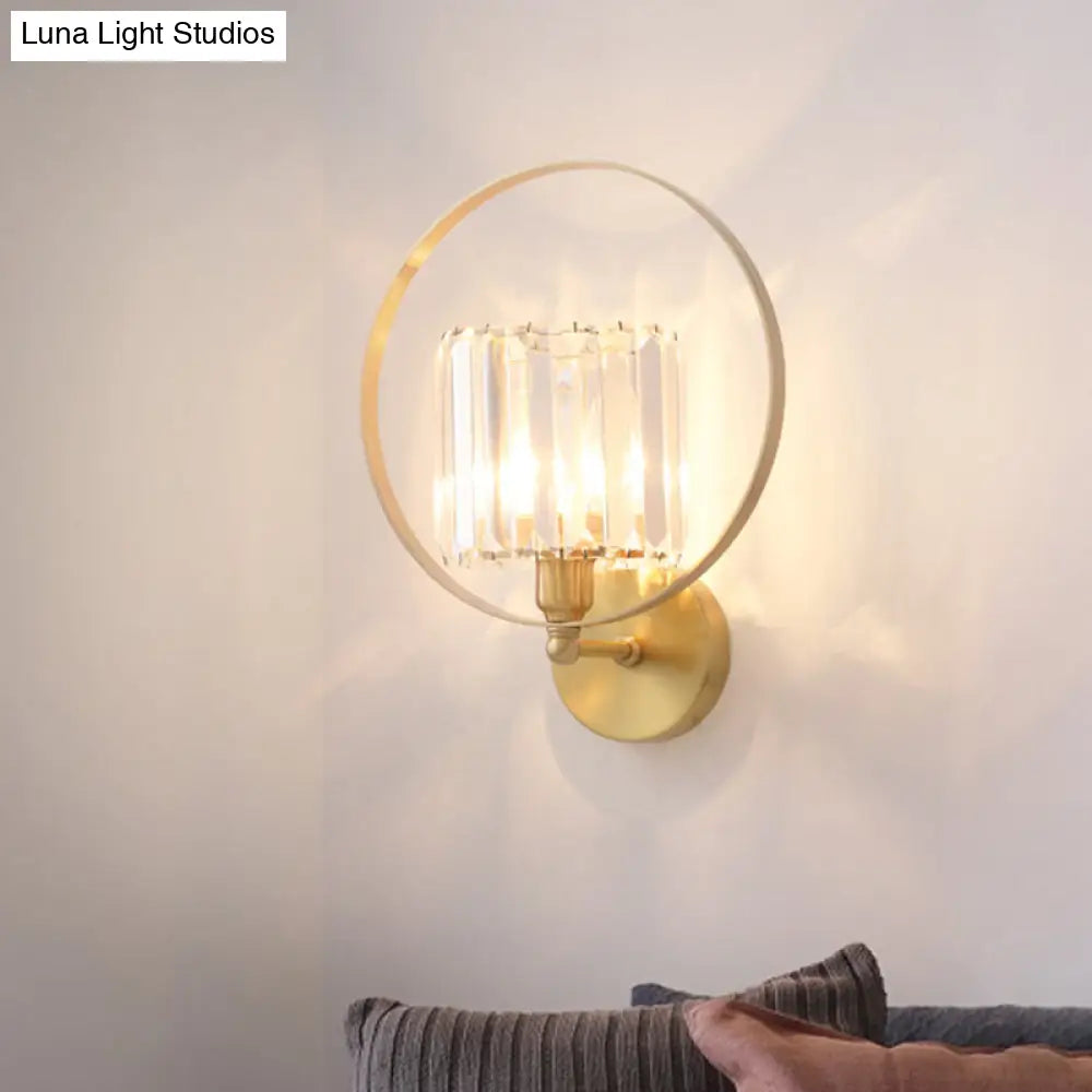 Contemporary Clear Crystal Wall Mount Sconce With Gold Accents And Ring Frame - 1 Bulb Light