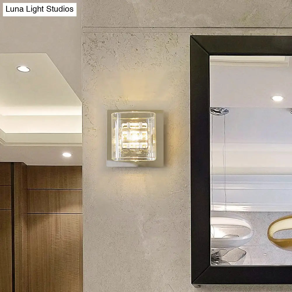 Contemporary Clear Glass Wall Sconce With Chrome Inner Wire Shade - Ideal For Corridors 1 Light Lamp