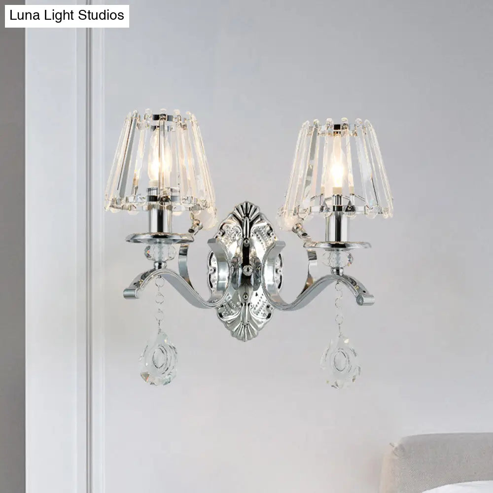 Contemporary Crystal Conical Wall Sconce - 2-Light Silver Lighting For Living Room
