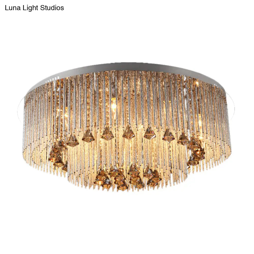 Contemporary Crystal Flush Light Fixture - Round Nickel Ceiling Mount For Living Room (9/12/18
