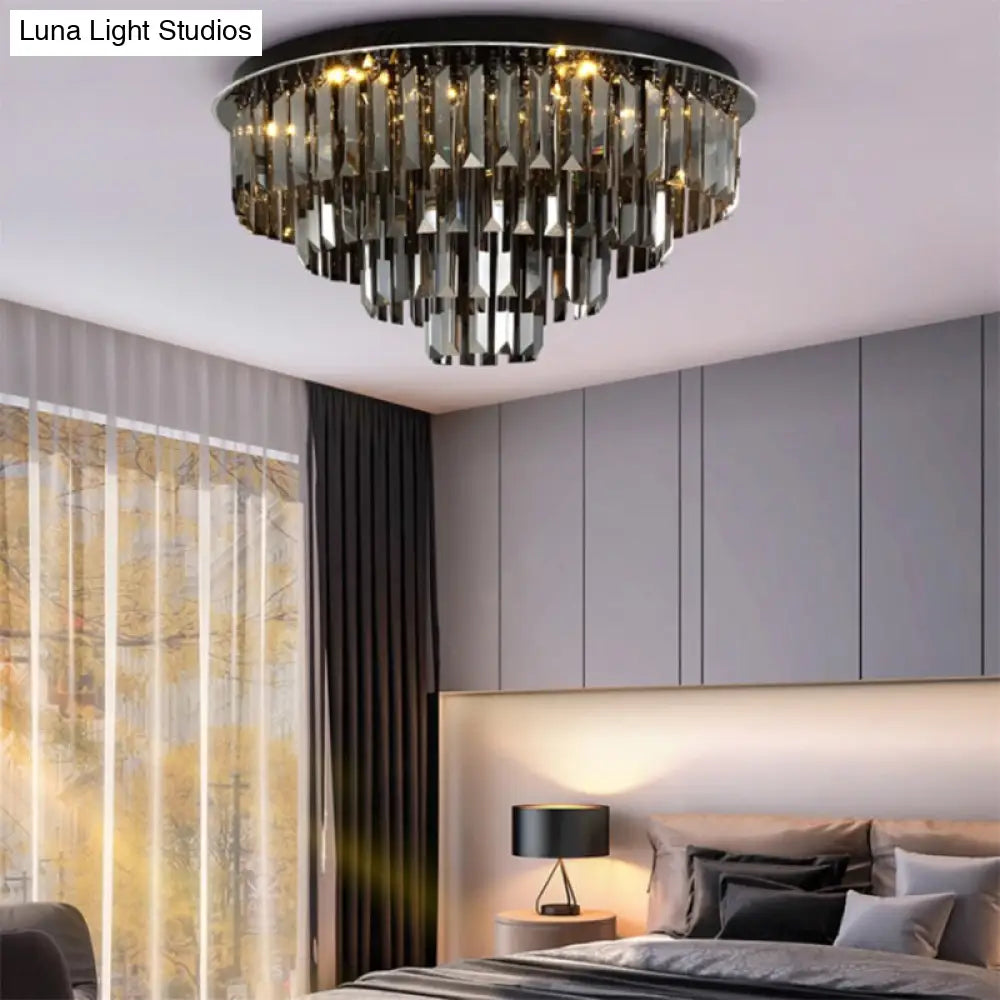 Contemporary Crystal Led Ceiling Mount Light - Smoke Gray Layered Design For Dining Room